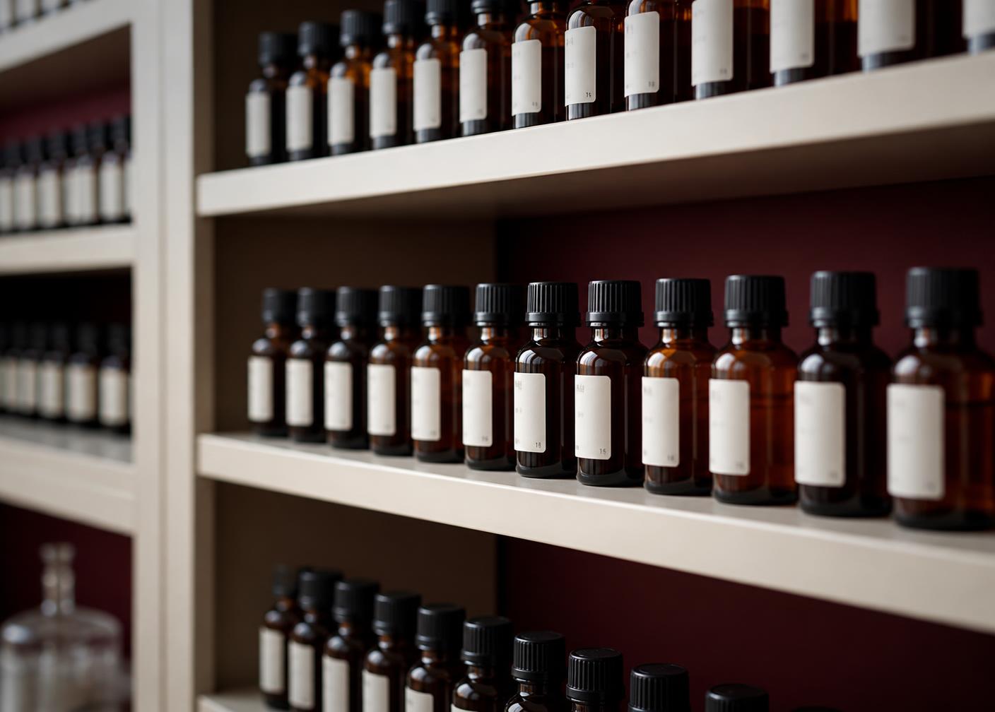 Rows of amber laboratory bottles containing fragrance concentrates on ivory shelving in a fragrance formula archive