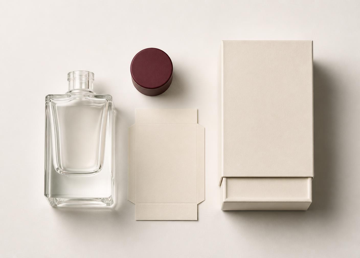 Perfume packaging components arranged flat: clear glass flacon, burgundy cap, label sheet and ivory carton